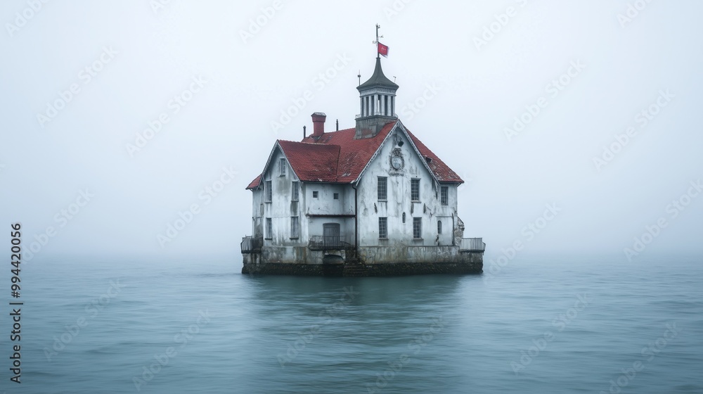 The lighthouse rises from the water, shrouded in thick fog during dawn. Its weathered exterior tells stories of past storms as it silently guides passing boats through the mist The lighthouse rises from the water, shrouded in thick fog during dawn. Its weathered exterior tells stories of past storms as it silently guides passing boats through the mist