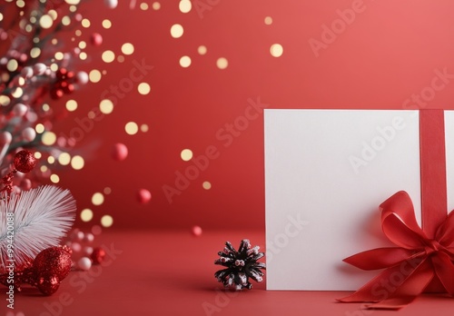 Festive holiday card with red ribbon and decorations on a bright red background
