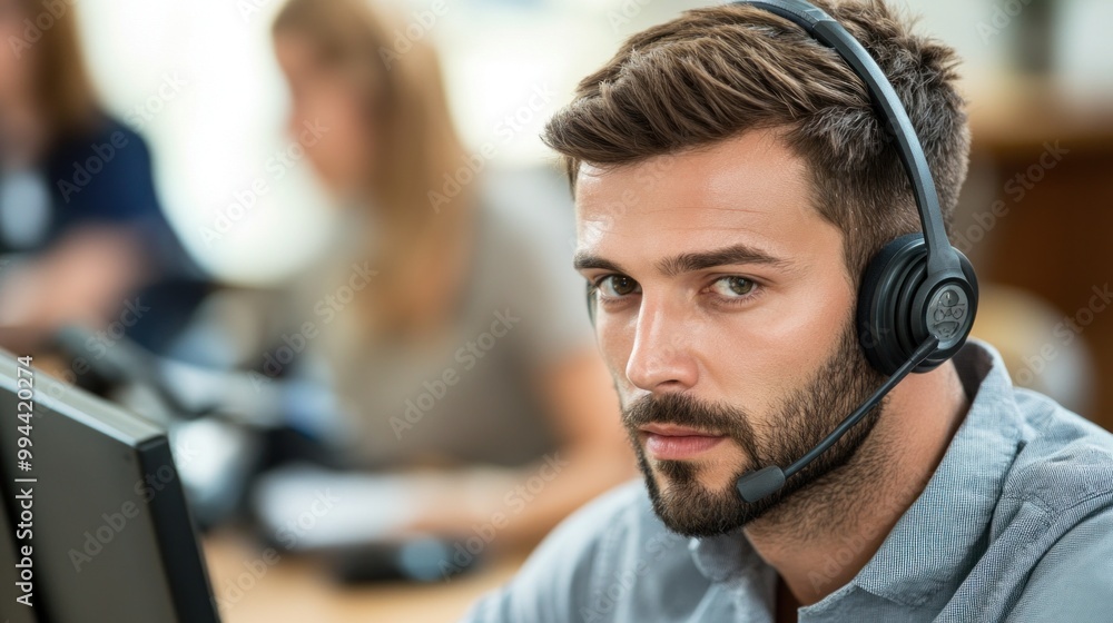 A dedicated support agent, wearing a headset, engages with a customer while seated at a computer in a lively call center. Colleagues are visible in the background, working diligently A dedicated support agent, wearing a headset, engages with a customer while seated at a computer in a lively call center. Colleagues are visible in the background, working diligently