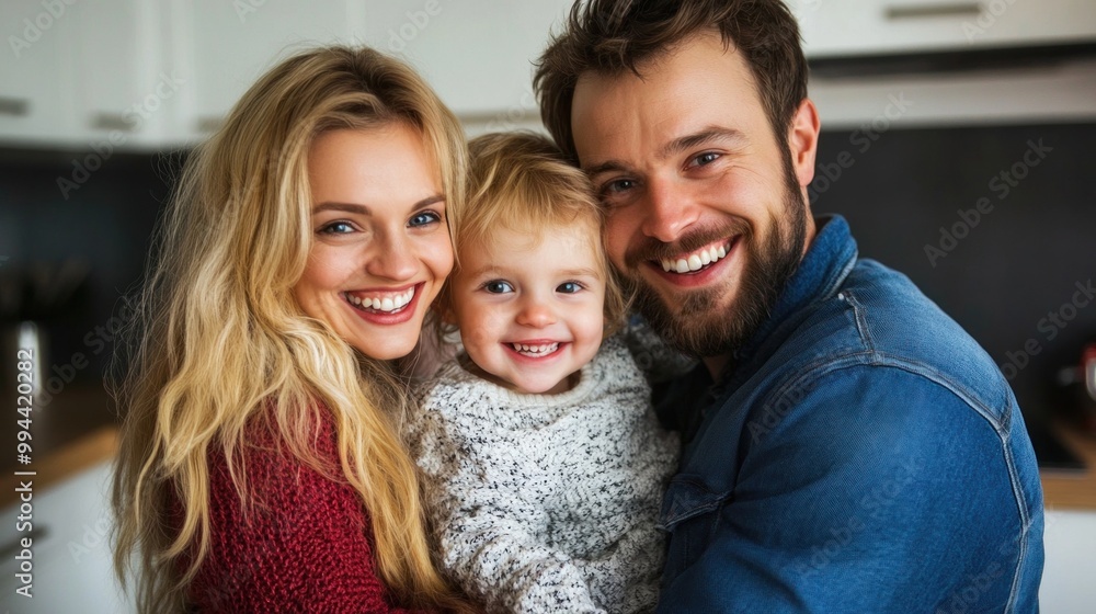 A happy family enjoys a close moment in their kitchen, with the parents embracing their cheerful toddler who beams with a big smile, showcasing their bonding and love A happy family enjoys a close moment in their kitchen, with the parents embracing their cheerful toddler who beams with a big smile, showcasing their bonding and love