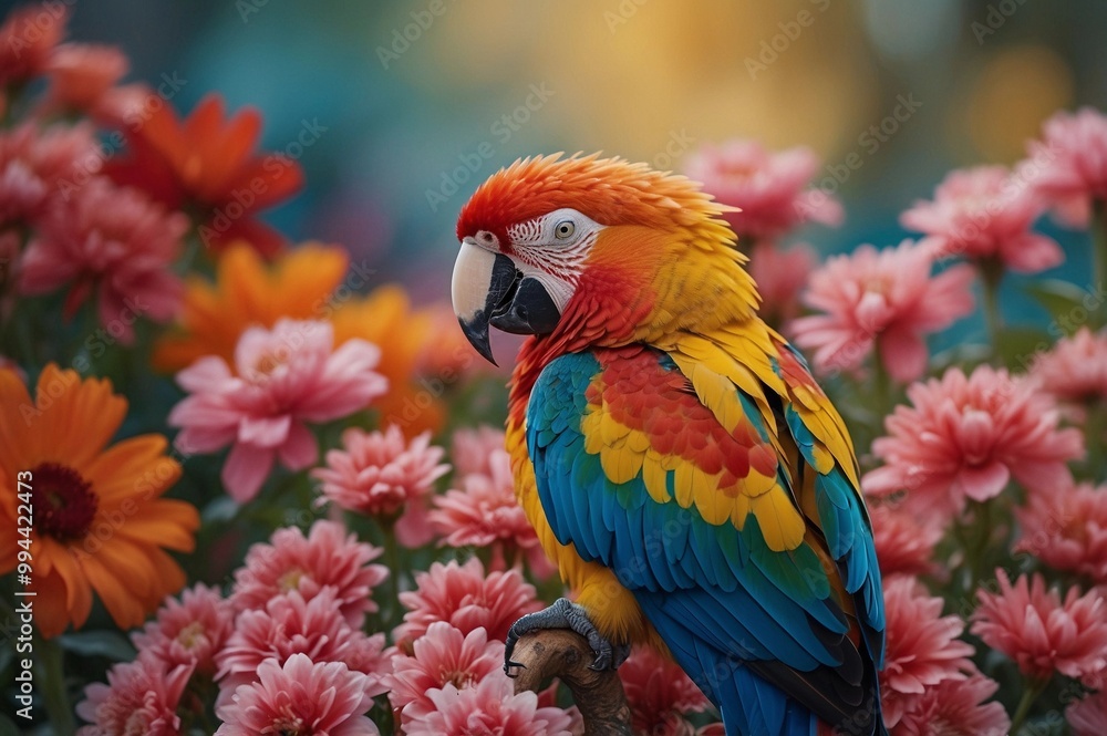 Obraz premium a colorful parrot on a branch surrounded by flowers