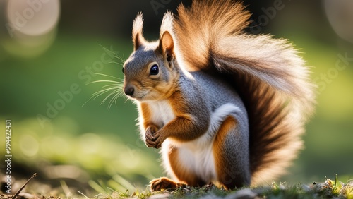 A reddish-brown squirrel runs across grass body tilted forward tail aloft.