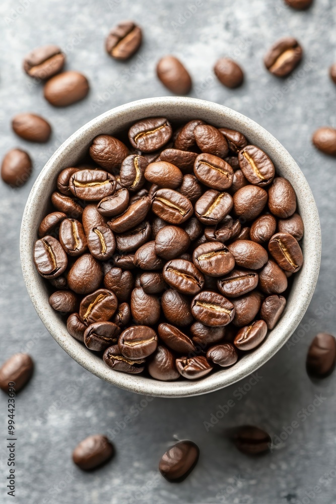 Fototapeta premium Freshly roasted coffee beans in a rustic bowl on a textured surface