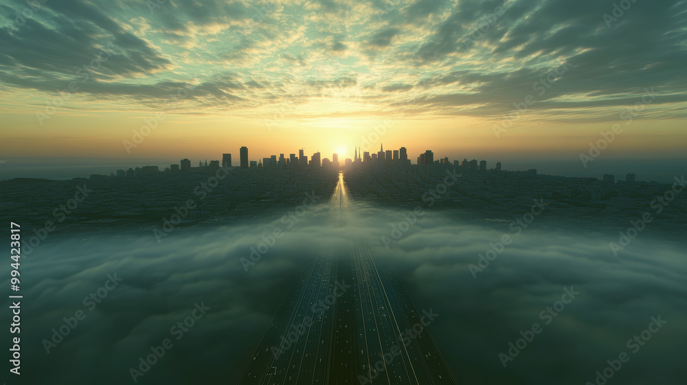 A stunning aerial view of a city skyline peeking through a blanket of fog at sunrise, with golden light casting a warm glow over the scene. A stunning aerial view of a city skyline peeking through a blanket of fog at sunrise, with golden light casting a warm glow over the scene.