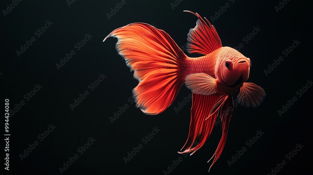A Stunning Close-Up of a Vibrant Orange Betta Fish Isolated on a Black Background, Showcasing Its Graceful Fins and Colors A Stunning Close-Up of a Vibrant Orange Betta Fish Isolated on a Black Background, Showcasing Its Graceful Fins and Colors