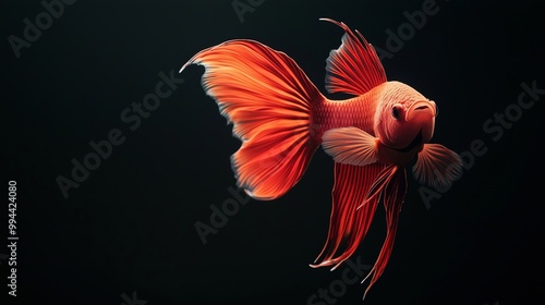 A Stunning Close-Up of a Vibrant Orange Betta Fish Isolated on a Black Background, Showcasing Its Graceful Fins and Colors photo