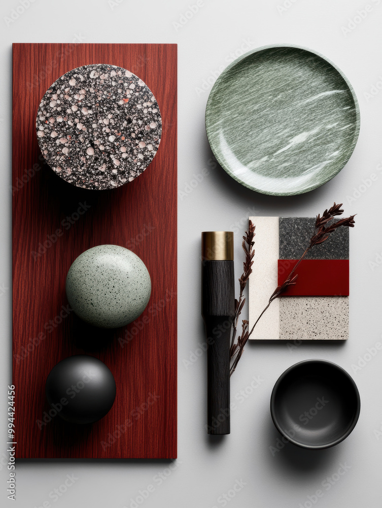 A balanced composition of various textures, including a marble plate, a ...