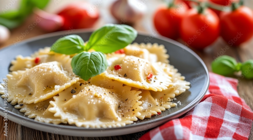 Delicious ravioli served on a plate with fresh basil and tomatoes in a cozy kitchen setting Delicious ravioli served on a plate with fresh basil and tomatoes in a cozy kitchen setting