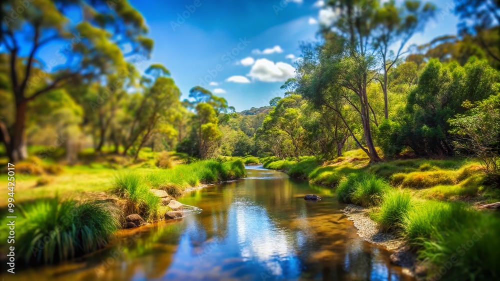 Serene Bushland Landscape with a Gentle Stream Flowing Through Lush Greenery Under Clear Blue Sky Serene Bushland Landscape with a Gentle Stream Flowing Through Lush Greenery Under Clear Blue Sky