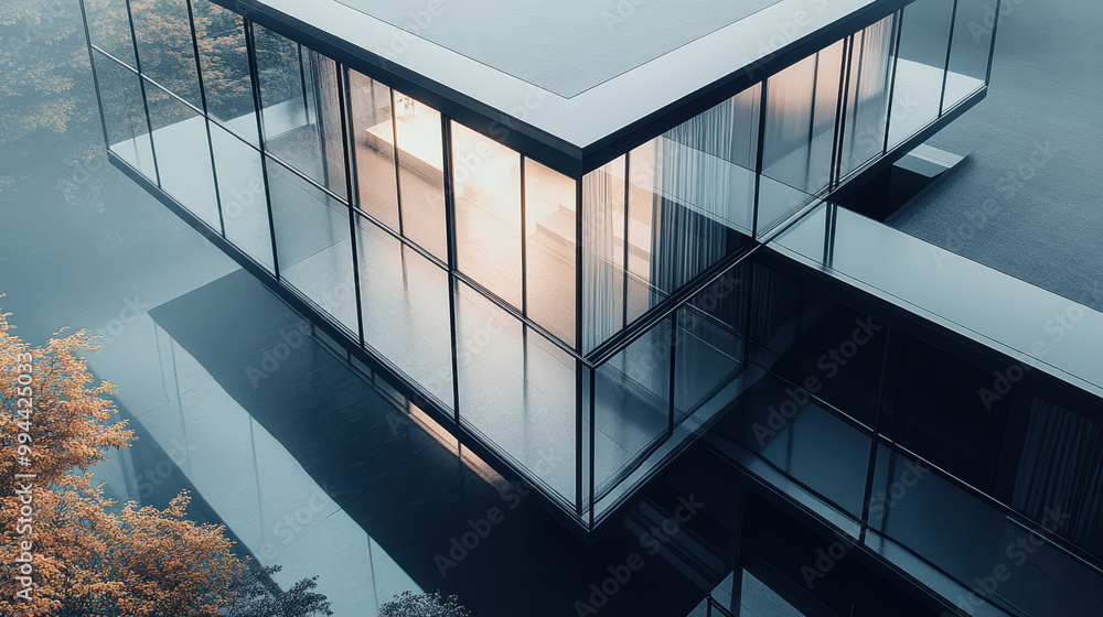 Fototapeta premium An architecturally modern glass house with sleek lines, surrounded by reflective water and autumn foliage.