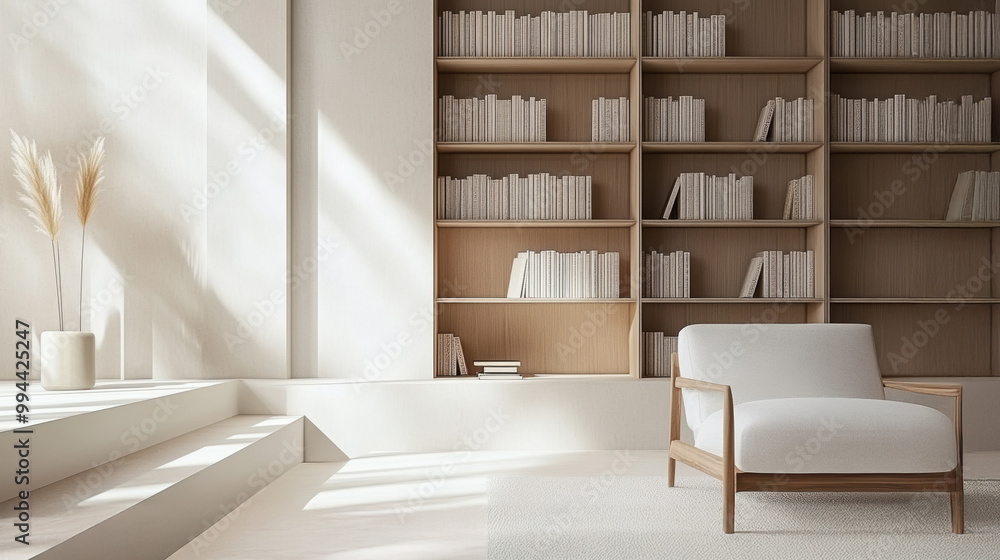 Minimalist sunlight-filled reading nook featuring a serene white armchair and tall beige bookshelves. Minimalist sunlight-filled reading nook featuring a serene white armchair and tall beige bookshelves.