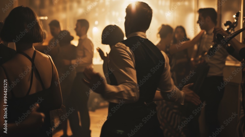 A lively swing dance party in full swing with couples dancing energetically under warm, vintage lighting in a cozy, intimate setting. A lively swing dance party in full swing with couples dancing energetically under warm, vintage lighting in a cozy, intimate setting.