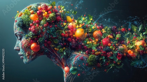 human body crafted from vibrant fruits and vegetables symbolizing health and nutrition surrounded by dynamic graphics that illustrate metabolism and wellness