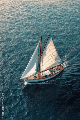 Aerial view of a sailboat gliding across calm blue waters on a sunny day