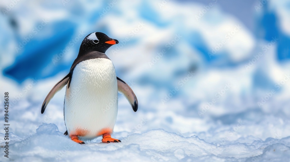 Fototapeta premium Gentoo penguin standing on snow-covered ground with icy backdrop in winter