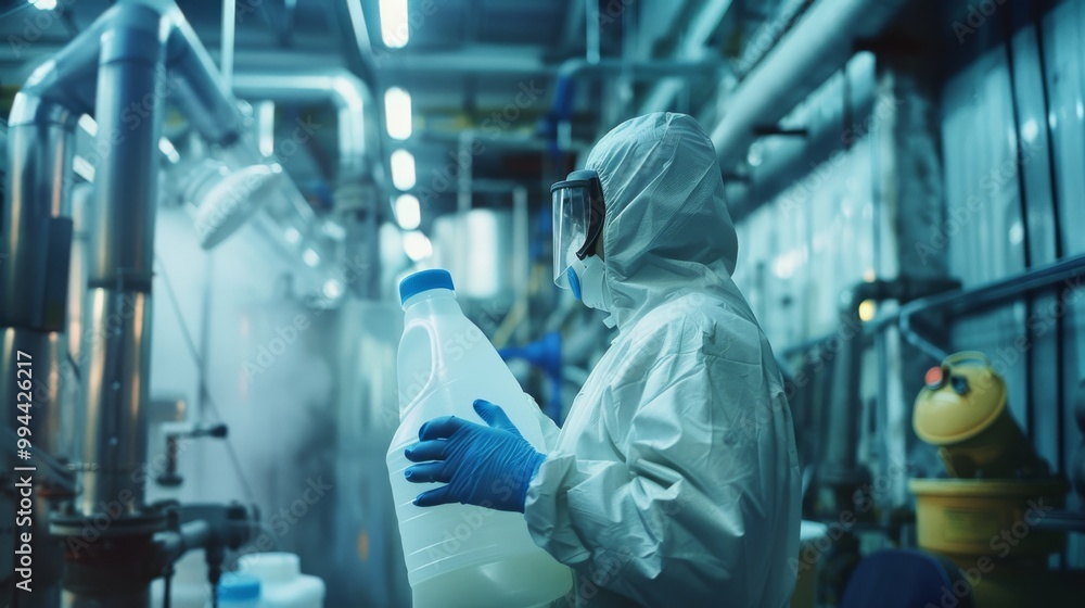 A worker in comprehensive protective gear and mask carefully handles a container in an industrial facility amidst various intricate piping and machinery. A worker in comprehensive protective gear and mask carefully handles a container in an industrial facility amidst various intricate piping and machinery.