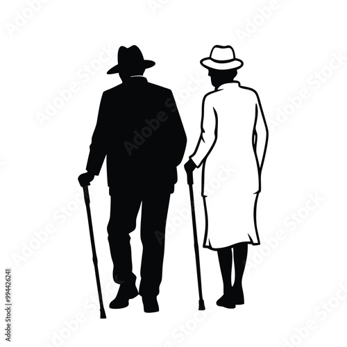 an elderly couple walking together. The couple is facing each other and the man is holding a cane. vector silhouette, 