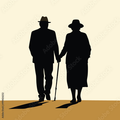 an elderly couple walking together. The couple is facing each other and the man is holding a cane. vector silhouette, 