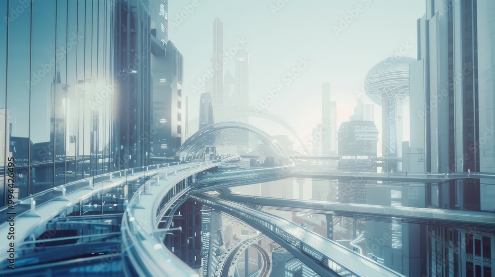 Fototapeta premium Futuristic cityscape featuring sleek high-rise buildings and intertwined elevated railways bathed in a soft morning light, giving a sense of advanced urban elegance.