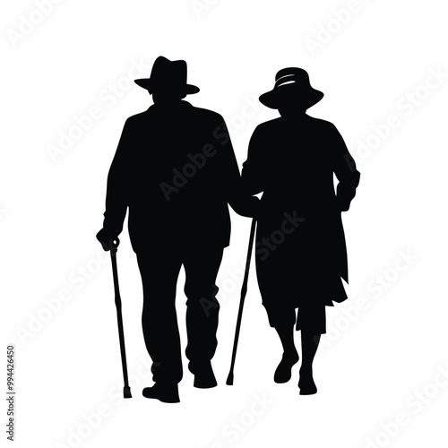 an elderly couple walking together. The couple is facing each other and the man is holding a cane. vector silhouette, 