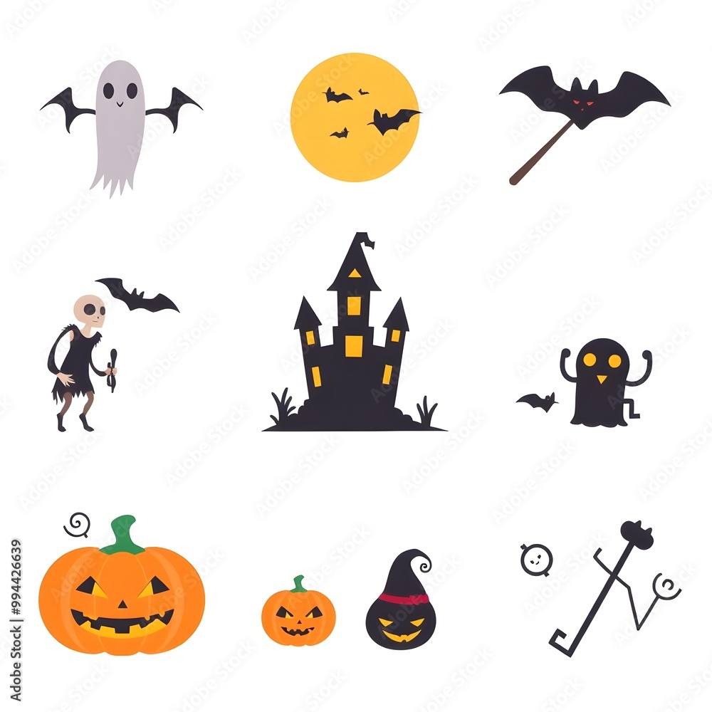 Flat halloween element collection on white background AI generated