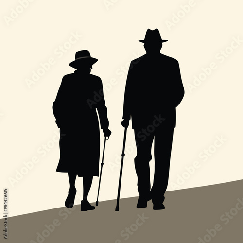 an elderly couple walking together. The couple is facing each other and the man is holding a cane. vector silhouette, 