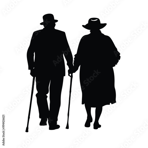 an elderly couple walking together. The couple is facing each other and the man is holding a cane. vector silhouette, 