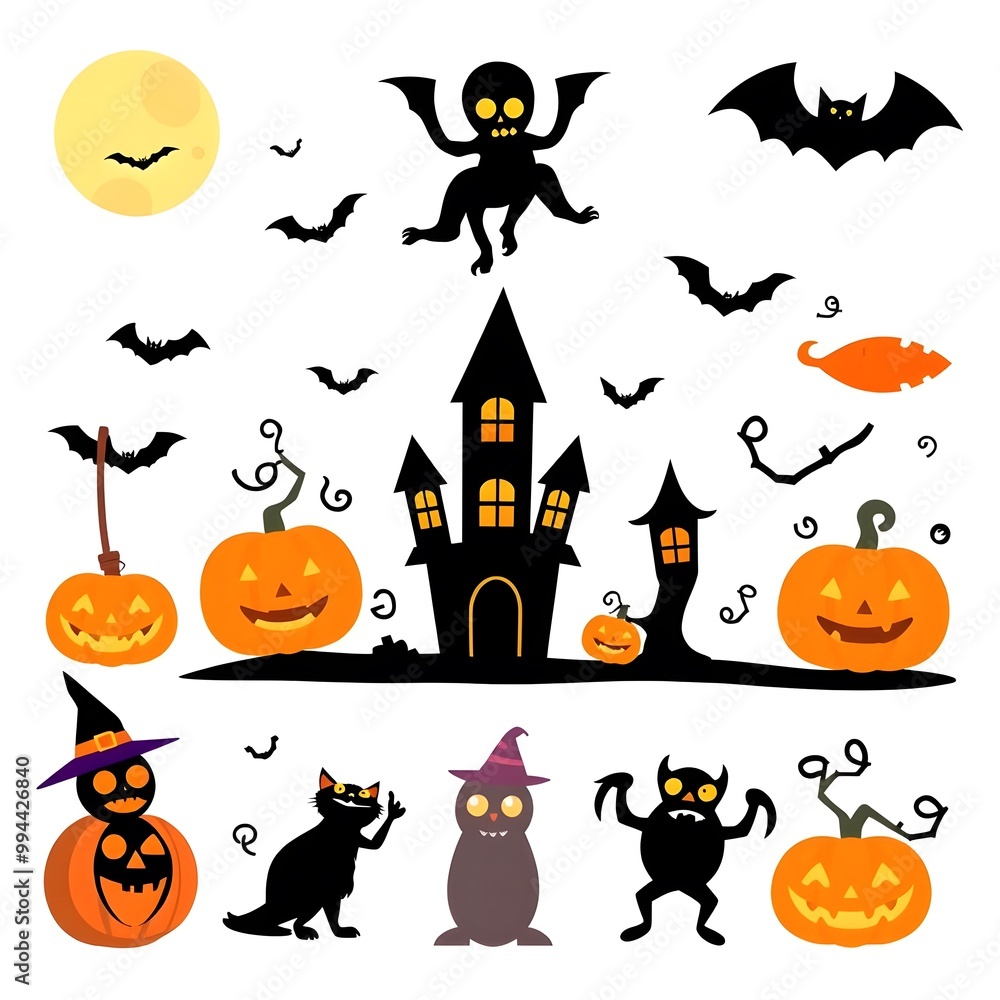 Flat halloween element collection on white background AI generated Flat halloween element collection on white background AI generated