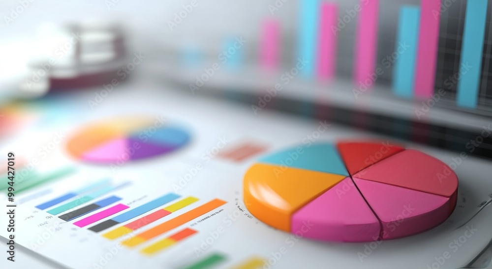 Colorful pie chart and vibrant graphs laid out on a table showcasing data analysis and trends Colorful pie chart and vibrant graphs laid out on a table showcasing data analysis and trends
