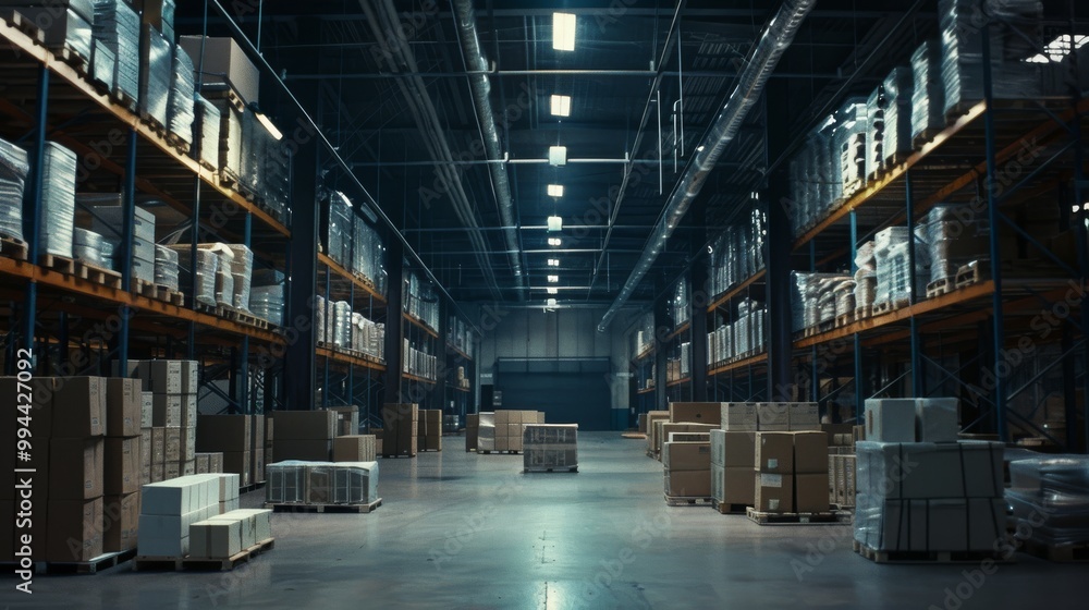 A spacious warehouse with high shelves stacked with boxes, illuminated by industrial lights, showcasing an organized storage environment. A spacious warehouse with high shelves stacked with boxes, illuminated by industrial lights, showcasing an organized storage environment.