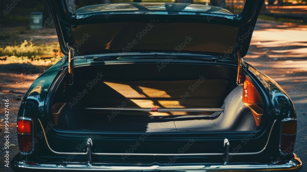 The open trunk of a dark-colored classic car, revealing a well-kept and spacious interior bathed in gentle sunlight. The open trunk of a dark-colored classic car, revealing a well-kept and spacious interior bathed in gentle sunlight.