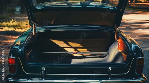 Wallpaper Mural The open trunk of a dark-colored classic car, revealing a well-kept and spacious interior bathed in gentle sunlight. Torontodigital.ca