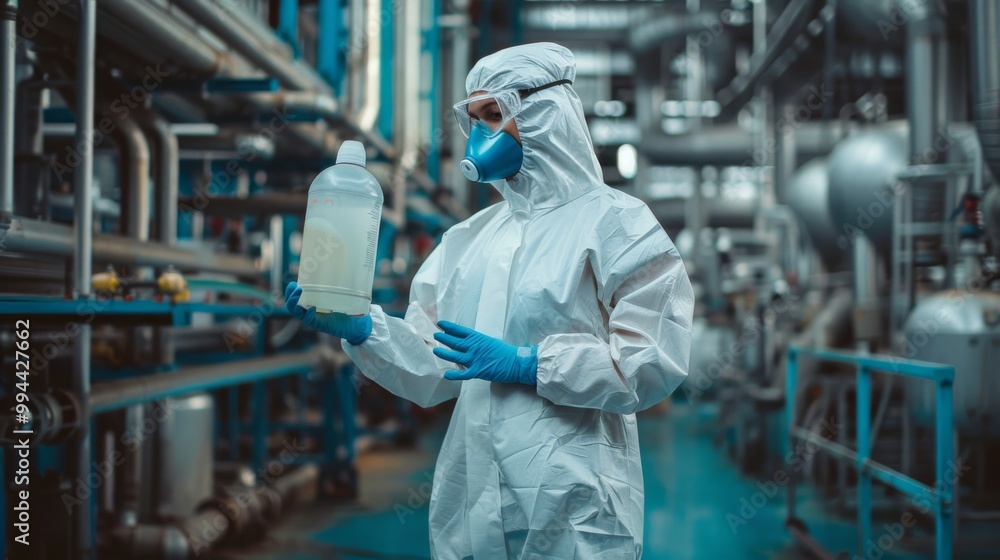 A worker in full protective attire examines a container filled with chemicals in a well-lit industrial setting, highlighting the importance of safety measures. A worker in full protective attire examines a container filled with chemicals in a well-lit industrial setting, highlighting the importance of safety measures.
