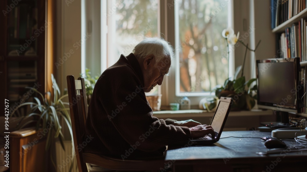 An elderly man is focused on his laptop in a cozy, plant-filled room, bathed in soft, natural lighting from the window, blending technology and nature. An elderly man is focused on his laptop in a cozy, plant-filled room, bathed in soft, natural lighting from the window, blending technology and nature.