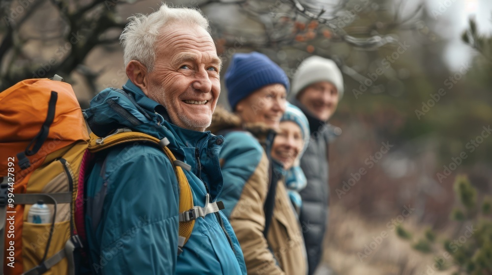 A group of elderly hikers enjoys a brisk hike, their faces glowing with happiness as they bask in the tranquility of the natural surroundings. A group of elderly hikers enjoys a brisk hike, their faces glowing with happiness as they bask in the tranquility of the natural surroundings.