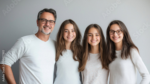 Happy father with three smiling daughters, family portrait, white background, cheerful dad and daughters, father's love, joyful family moment concept