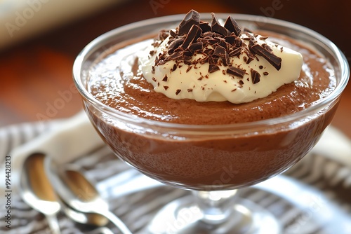 Close up of a delicious chocolate mousse dessert in a glass bowl topped with whipped cream and chocolate shavings