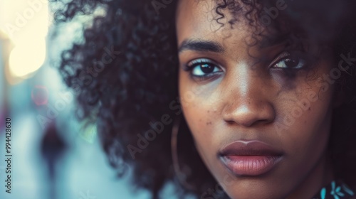 A striking close-up of a young woman with curly hair and piercing eyes in a vibrant city street.