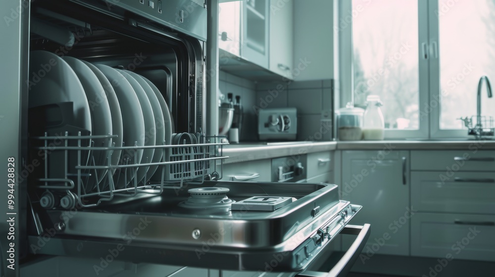 A sleek dishwasher in a modern kitchen, its door open to reveal sparkling clean dishes, embodying efficiency and contemporary home living. A sleek dishwasher in a modern kitchen, its door open to reveal sparkling clean dishes, embodying efficiency and contemporary home living.