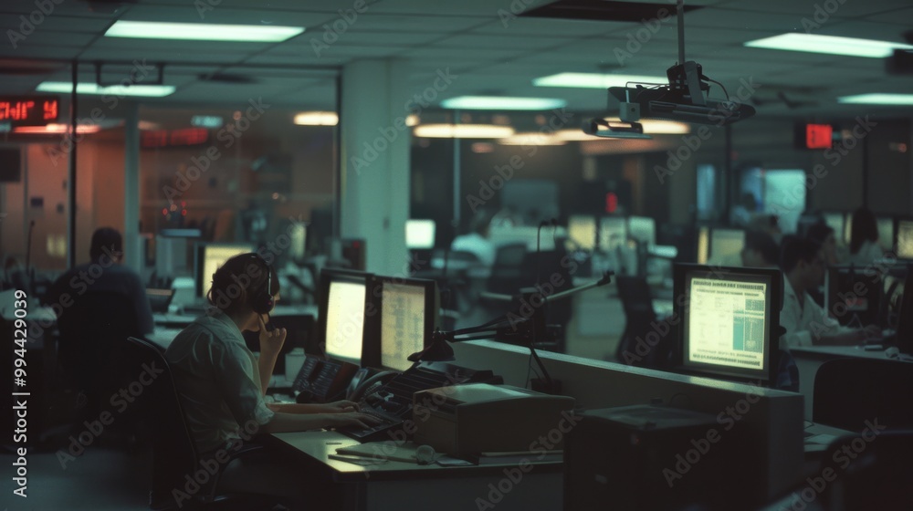 Inside a dimly-lit office, workers focused on their computer screens amidst a quiet, modern workspace filled with technology and communication devices. Inside a dimly-lit office, workers focused on their computer screens amidst a quiet, modern workspace filled with technology and communication devices.