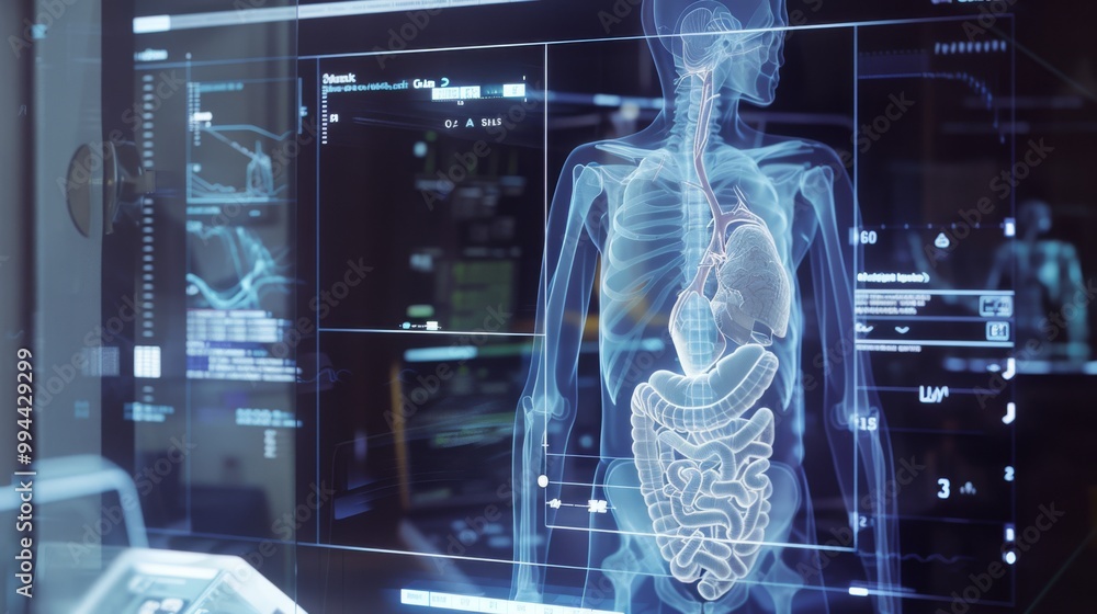 A high-tech medical interface displays a human skeleton in a digital X-ray format, surrounded by detailed data and technical medical information. A high-tech medical interface displays a human skeleton in a digital X-ray format, surrounded by detailed data and technical medical information.