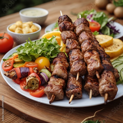 Delicious fresh Kebab assortment Served with some salad, grilled chicken skewers with a side of grilled vegetables, grilled kebab with couscous and vegetables