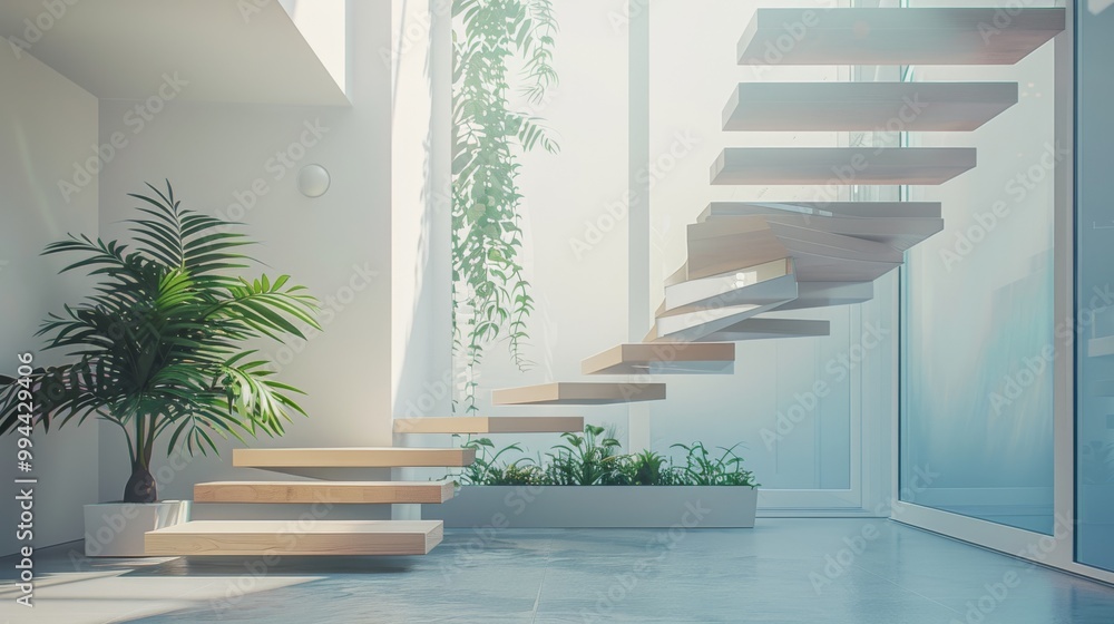 Fototapeta premium A modern, floating staircase bathed in daylight features lush indoor plants and a clean, bright design, emanating an airy, serene ambiance.