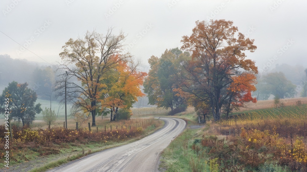 A winding country road flanked by vibrant autumn trees, with a hint of morning mist creating a peaceful and nostalgic rural scene. A winding country road flanked by vibrant autumn trees, with a hint of morning mist creating a peaceful and nostalgic rural scene.