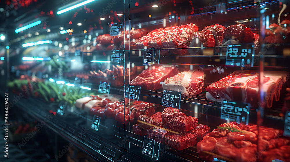 Meat aisle with various cuts displayed in a refrigerated grocery section. close-up of a meat fridge in a grocery store filled with various cuts of fresh meat various cuts of beef, pork and other meats Meat aisle with various cuts displayed in a refrigerated grocery section. close-up of a meat fridge in a grocery store filled with various cuts of fresh meat various cuts of beef, pork and other meats