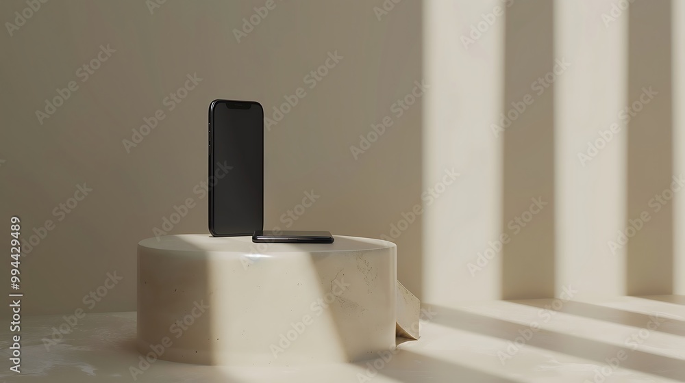 3d smartphone on blue cube podium floating on white copy space background. Realistic mobile phone with blank white screen. Minimal studio. Monotone pedestal mockup space for display app. 3d rendering 3d smartphone on blue cube podium floating on white copy space background. Realistic mobile phone with blank white screen. Minimal studio. Monotone pedestal mockup space for display app. 3d rendering