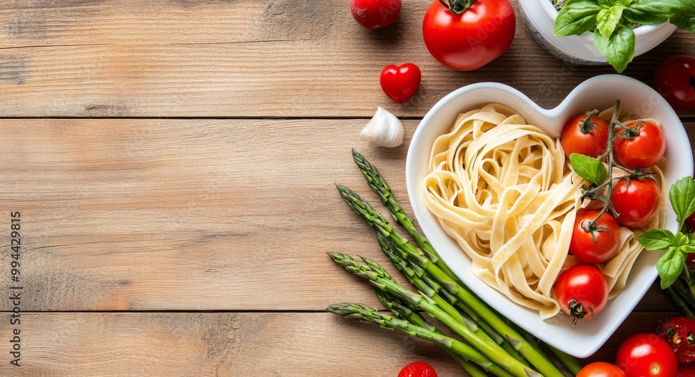 Fresh pasta with cherry tomatoes and asparagus garnished with basil on a wooden table Fresh pasta with cherry tomatoes and asparagus garnished with basil on a wooden table