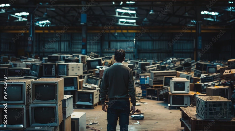 A person stands amidst countless old televisions in a dimly lit, vast warehouse, surrounded by memories of past technologies. A person stands amidst countless old televisions in a dimly lit, vast warehouse, surrounded by memories of past technologies.
