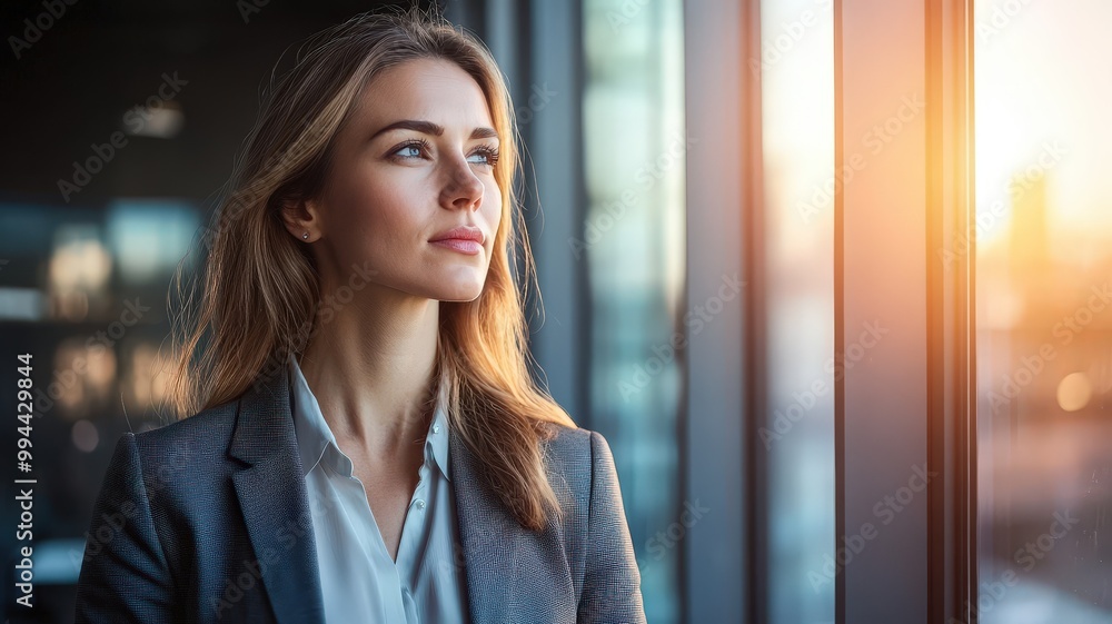 A thoughtful businesswoman gazes out the window at sunset while reflecting on her day in an office setting A thoughtful businesswoman gazes out the window at sunset while reflecting on her day in an office setting
