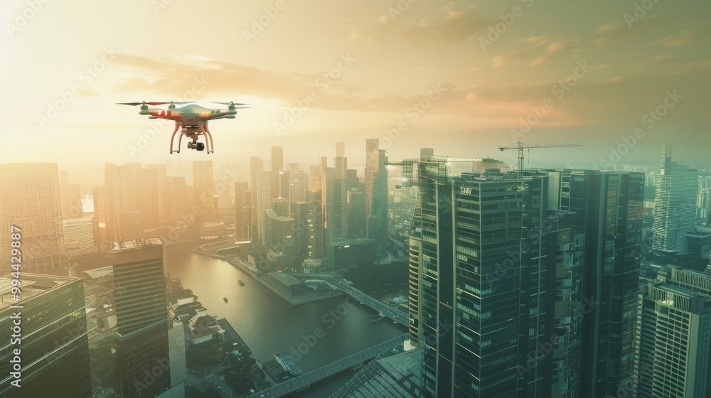 Naklejka premium A drone hovers over a sprawling city skyline during sunset, capturing an awe-inspiring aerial view of the urban landscape bathed in golden light.
